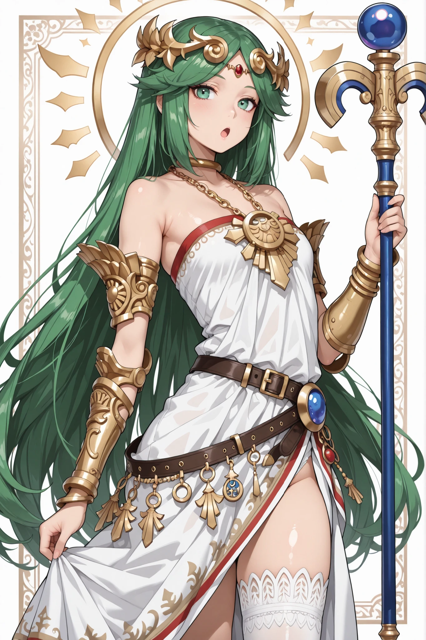 NSFW,((Perfect human body)),One male,, flat chest, feminine male, whole body,Character portrait,Skirt rolled up,Striped panties,bulge in the crotch,Character portrait,bare shoulders, strapless dress, vambraces, belt, white dress, white thighhighs, single thighhigh, holding staff, palutena, parted bangs, tiara,