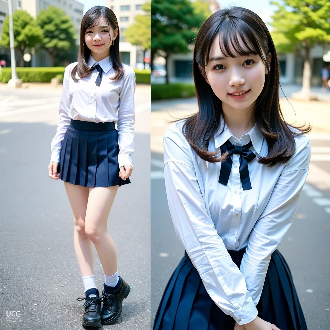 high school girl、uniform、skirt、Knee-high socks、loafers、In town、smile、Brown Bob、One person、whole body、front