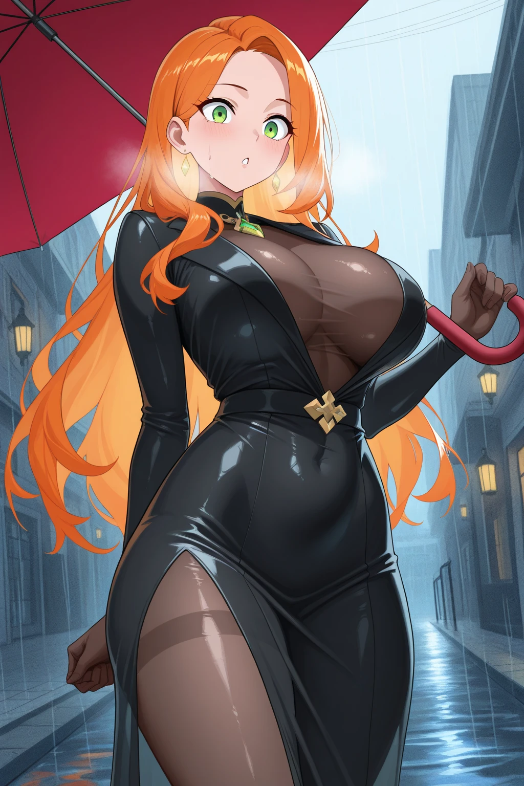 Parasoul, mature woman, long legs,sexy ,short little dress,coto vaste dress,tiny dress ,long tight sleeves, ultra black dress ,semi-exposed thighs ,medium hips, exuberantly giant breasts, inverted cross figure on the chest, holding an umbrella in hand, big black umbrella, golden yellow leaves, one eye covered, Red hair,