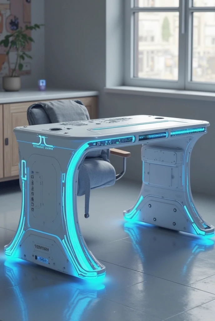 there is a Computer Desk with a computer monitor and a keyboard, gambling table, gaming room, gaming room in 2 0 4 0, Computer Desk, Player aesthetics, Gaming chair, gaming pc, Gamer theme, internal play style, multiple tables, anime setting style, Gamer screen on metal table, minimalist office desk, big table, computer settings