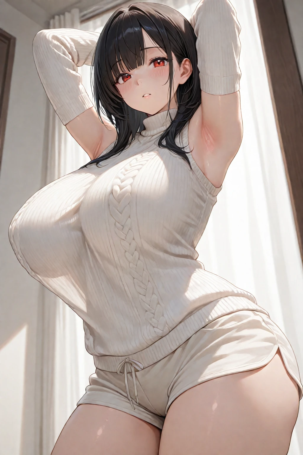 (Highest quality、Masterpiece、Very detailed、4K)、One woman、Big Breasts、18-year-old、Big Breasts、back、(Virgin-killing sweater)、(stand)、Thighs、arm、stand、(Beautiful armpits)
