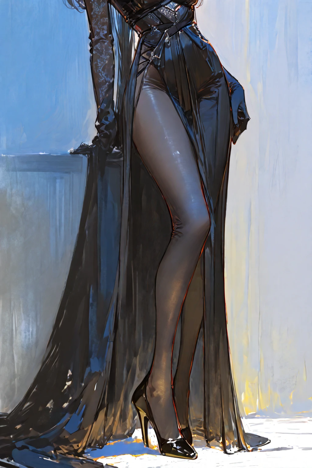 Illustration art, full body movement, sexy woman in black outfit, underworld woman, very cool facial expression, gorgeous background, great erotic art, line art, sexy art, detailed body part details, long legs, inspired by J.C. Leyendecker, epic European and American illustrations