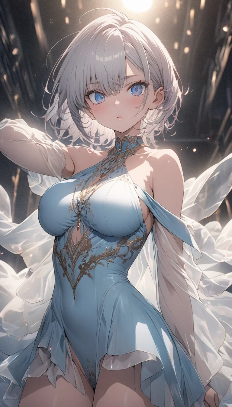 masterpiece, best quality, ultra-detailed, illustration,(1girl),beautiful detailed eyes, looking at viewer, close up, (breast focus), white short hair, shy, cat ears, glowing blue necklace, moon background, blue eyes