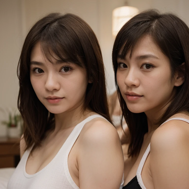 Best-quality, Masterpiece, Ultra-High-Resolution, (Photorealistic:1.4), Raw-Photo, 2-girls, lesbian-couple is relaxing at home, 12-years-old girl and 30-years-old woman
