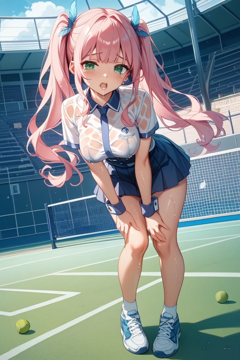 absurdres, highres,
BREAK
looking at viewer, cowboy shot, (from below:1.5)
BREAK
(vivid-color:1.3)
BREAK
(one girl :1.3), (loli:1.2),red hair, blue eyes, tennis uniform, hairclip, earrings, jewelry, nm1,  hair ribbon, short hair, tennis cosplay, (pleated super short skirt:1.4), (thighs:1.3), (Very pretty panties:1.2), (bitten panties:1.3), back facing, skirt lift, show off panties, lifted by self,(large ass:1.3), (ass view:1.6),large breasts, (smile face:1.3), open mouth, (breast:1.3), ass, round eyes, (blowing in the wind:0.5), sweat around girl, dripping sweat, squall (wind:1.2), sense of speed, refreshing breeze, motion blur effect, wind, ( visible:1.4)
BREAK
background is (tennis court:1.3), (10,000 people spectators,:1.3), multiple people behind you, blue sky with clouds, outdoors, (magnificent panorama view:1.2), wind
BREAK
sunlight, magnificent view, rainbow in the sky, light particles, dynamic angle, dutch angle, perspective
BREAK
(daytime, sunbeam:1.2), depth of field, bokeh, light leaks, (chromatic aberration:1.2), noon
BREAK