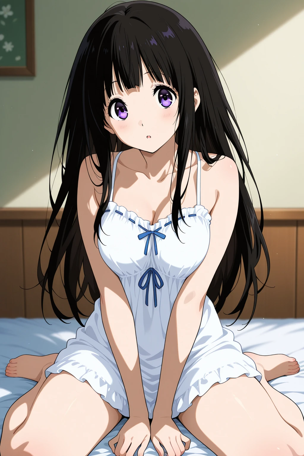 ((masterpiece)), ((Best Quality)), (Ultra-detailed), Anime style, Cute , 1girl in, Solo, 8k, sitting on the bed , no pant,no bra , young girl , flat chest, bare shoulders