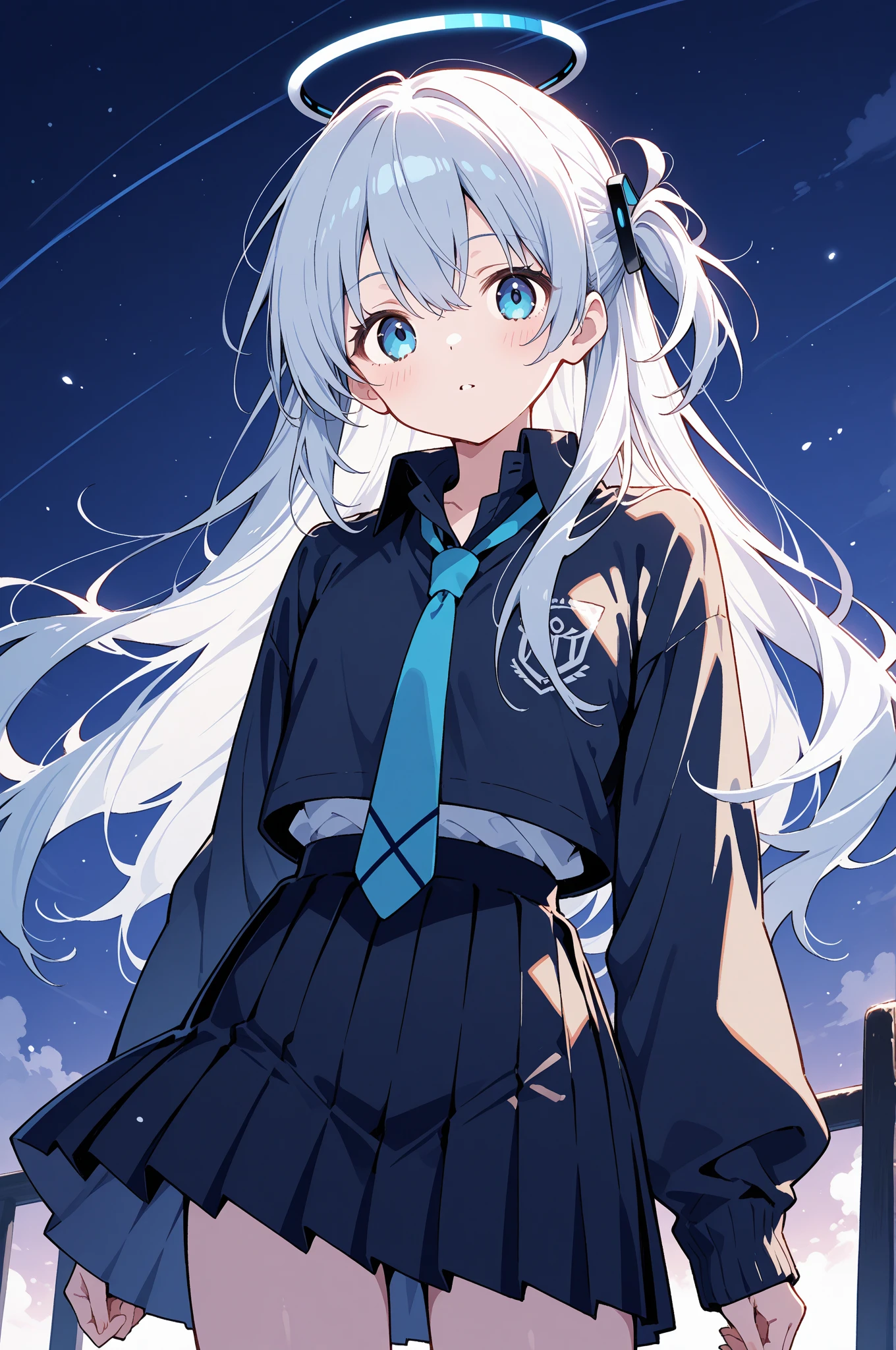 masterpiece, 4k, high quality, highly detailed, detailed face, HDR, vivid colors, natural lighting, meteor shower, moon, (winter), snow, (cold weather), (small moon), city, night, girl, 1girl, solo, medium breasts, light-blue hair, long hair, light-blue eyes, thigh highs, skirt, oversized pullover, (happy face), smiling, from below