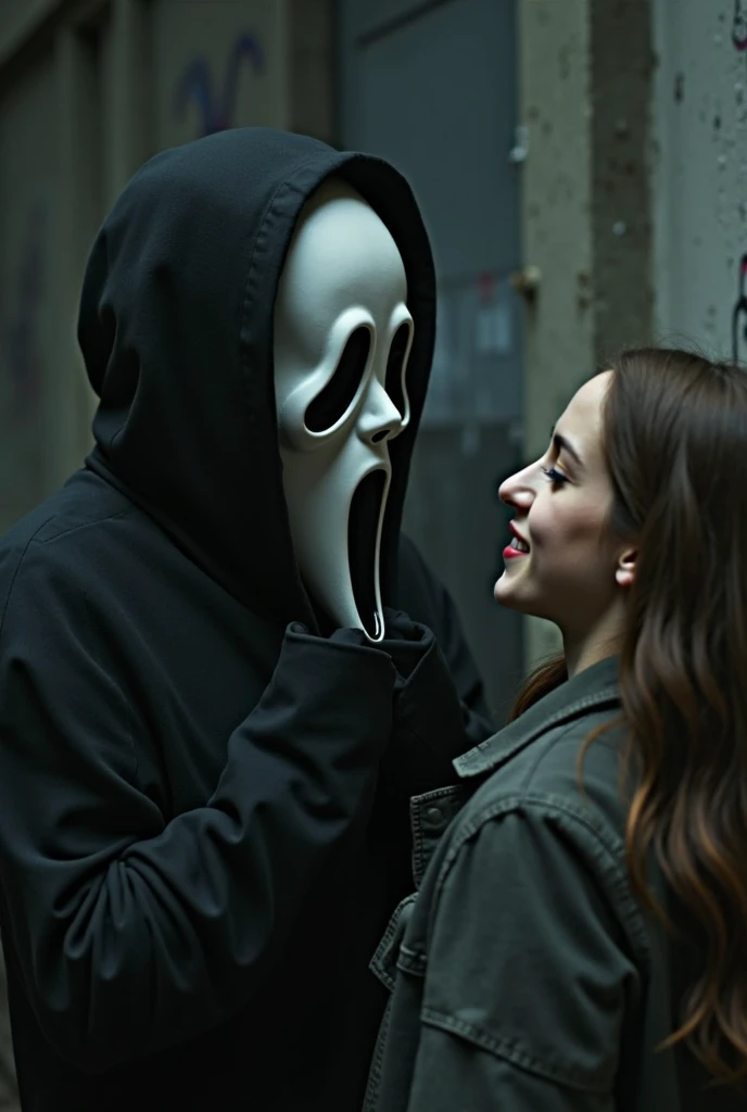 Arafed woman wearing a black dress with a white mask and a black hood., scary look, tumblr, horror vibes, scary pose, horror aesthetic, scary mood, shout out, 🔞🤡, másghost face, Scary style, Scaring, ghost face, scary face, creepy atmosphere, scary ghost, haunted expression, Scarry, tormented and sad expression