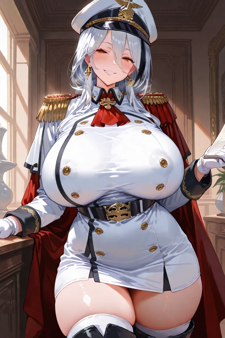,colorful,(masterpiece:1,2), Highest quality, masterpiece, High resolution, original, Highly detailed wallpaper, One girl ,smile,alone, Grey Hair, blue eyes, original_Costume,Red Cape,White pants, gloves, chest, uniform, large chest