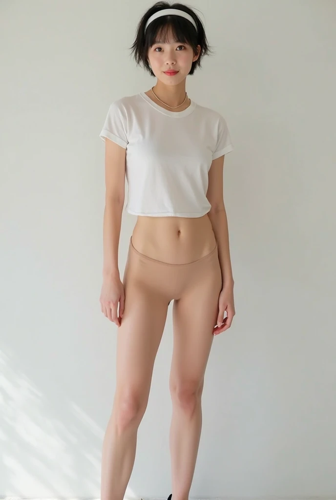 (masterpiece:1.3), (8k, Photorealistic, RAW Photos, Best image quality: 1.4), Japanese, (1 girl), Beautiful Face, (A vivid face), (short hair:1.3), Beautiful Hairstyles, Realistic eyes, Beautiful Eyes, (Realistic Skin), Beautiful Skin, charm,Big Breasts、office、(Shooting from a distance、Beautiful legs、whole body:1.7)、(Looking this way、Turning his body towards me、front、forward leaning posture、munechira:1.3)、(The bra is slightly visible、Brasilia:1.3)、(White shirtを着ている、Round neck shirt、A shirt with a slightly open chest、White short sleeve shirt、White shirt:1.8)、(Cleavage:1.2),smile、smile、Beautiful fingertips、(Japanese office lady,Beauty:1.5)、(Black spats、White shirt、Tight shirt、Clothing that emphasizes your body line),(The edges of the bra are slightly visible、Breast flash、Brasilia:1.3)、(Nude pantyhose)
