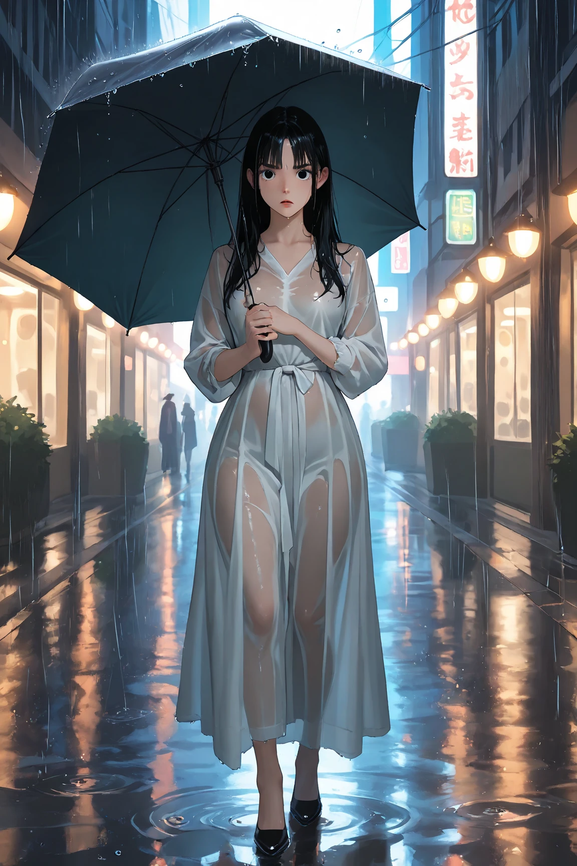 Japan anime art,Makoto Sinkai work style,anime,pajamas,(rain coat:1.2),rainy city,ghost,beautiful middle age woman,very long hair,big braid pony tail,ahoge,sentimental,bewitching  smile,huge breasts upperbody style, stand by cute rain fairy ghost,rain maker,native american godess,fullbody standing,open stance