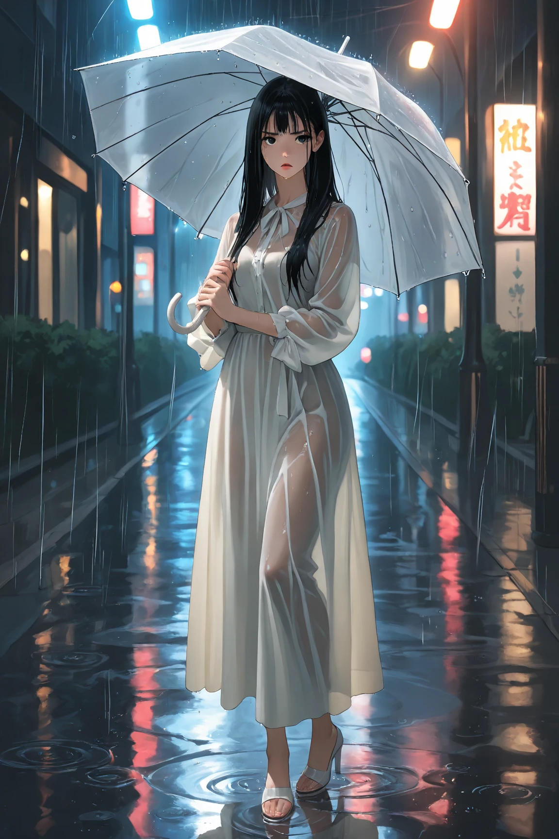 On a rainy day, a long-legged loli wearing a large blue raincoat with warm light shining down looked at me, standing in the rain, wearing a long tube of white silk --auto