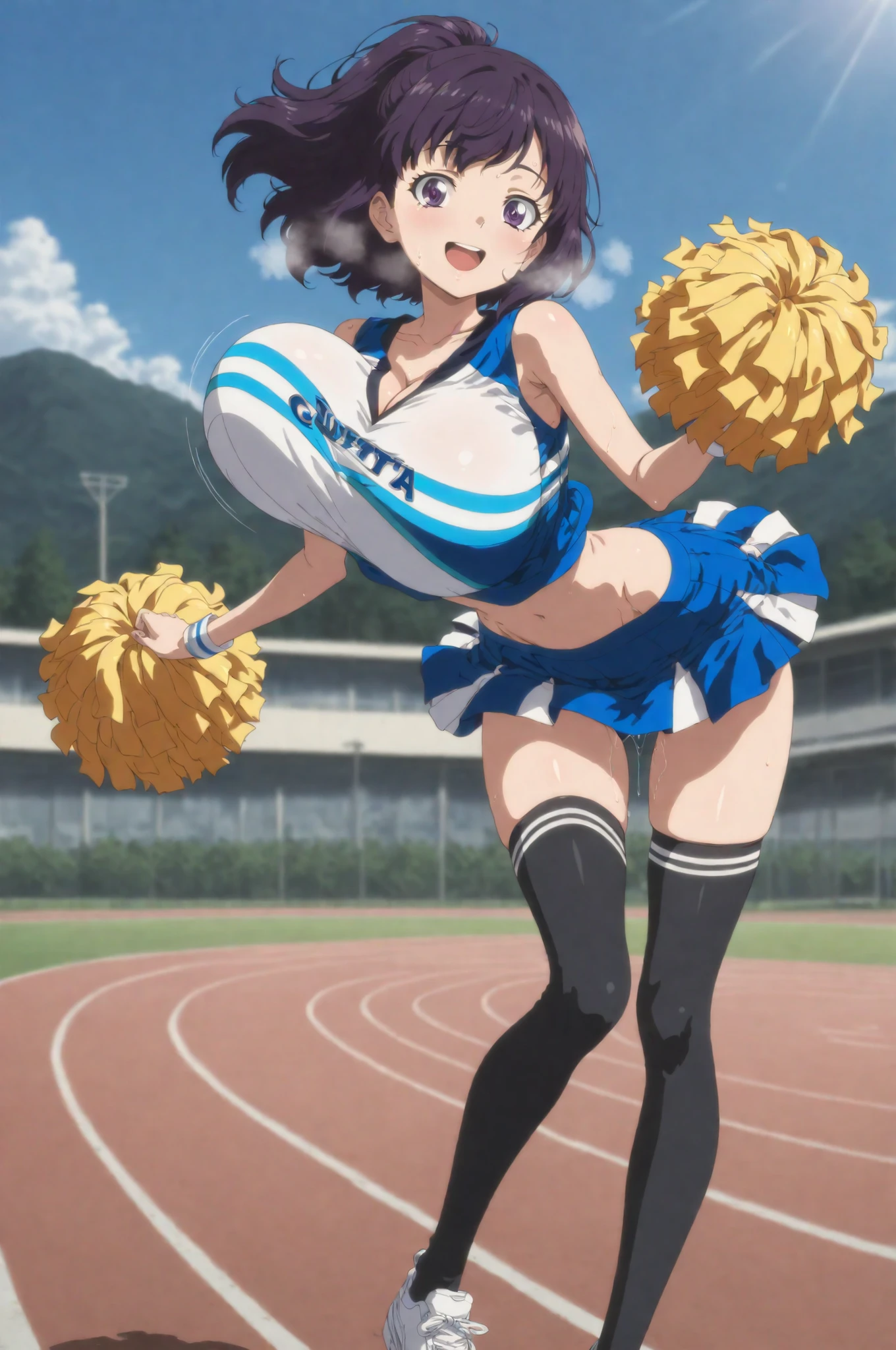 score_9, longlegs_v0.22_pony, (detailed eyes), (high definition eyes), (masterpiece, best quality), huge filesize, depth of field, exquisite picture, advanced light effect, highres, detailed face, Cinematic Lighting, frontal view, solo, a skinny girl standing in school yard, loli, cheerleader, landscape, looking at viewer, smile, (bouncing unaligned breasts), huge breasts, cleavage, collarbone, arched back, swaying back, (spread legs), too short torso, narrow waist, skinny long legs, one hand on hip, (cheer girl uniform), sleeveless, (too short skirt), thigh gap, slipping hip, groin, black thighhighs, orgasm, open mouth, heavy breathing, (pussy juice), nsfw