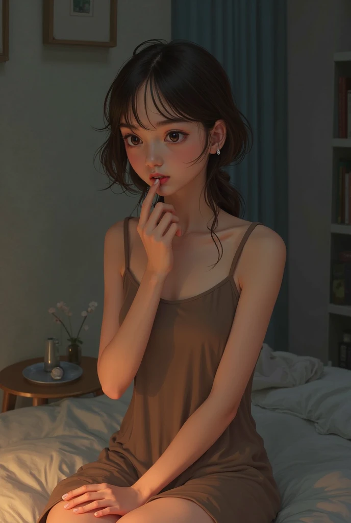 (best quality, masterpiece, girl, solo, bed), white shirt, feeling shy, red cheeks, <lora:shirt_tug:1>