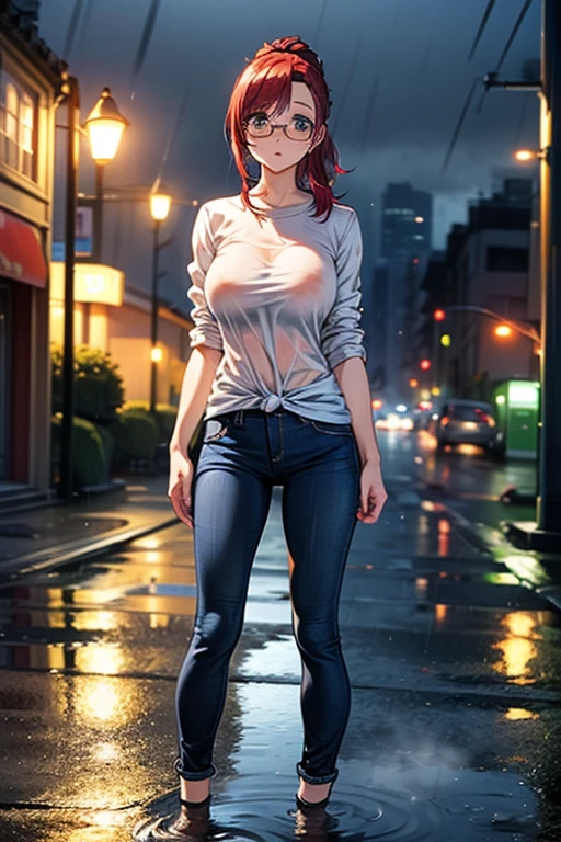 from below、front、one woman、big boobs、(8k)、(masterpiece:1.4)、(high res)、(最high res)、(Ultra High Definition)、(beautiful face and eyes holding garbage bags、down to the details)、(anatomically accurate hand)、break、Red hair、(ponytail)、side lock、glasses、(beautiful hands:1.4)、Five fingers、(Admission)、break、(((Whiteｔshirt)))、((Jeans)) 、(((in the city)))、(((Puddle)))、(((Steam)))、(gets wet:1.2)、(((standing with arms crossed)))、(rain:1.4)、((night))、Street lamp、Whiteブラジャー
