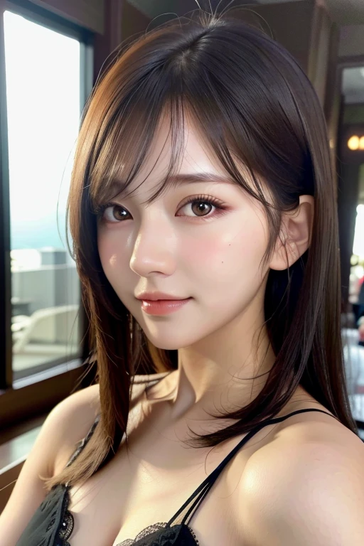 (close-up photo of face:1.2)、(light makeup)、(highest quality,masterpiece:1.3,超A high resolution,),(super detailed,caustics),(Photoreal:1.4,RAW shooting,)ultra-realistic capture,（32ｋ,high details,high detail、masterpiece,attention to detail,),RAW photo & realistic atmosphere,,detailed mouth,glossy lips,fine eyebrows,Eyes drawn in detail、Soft white skin that shines in every detail)、(thin camisole:1.3)、 (A scantily clad beautiful girl with small breasts)、 Use natural light and color,one woman,Japanese,,cute,brown hair bob cut,(Depth of the bounds written、chromatic aberration、light solid color background、wide lighting range、natural shading、)、、(cinematic lighting:1.4)、(Light your face:1.2)、(Beautiful girl facing the front:1)、(Highest image quality:1.3)
