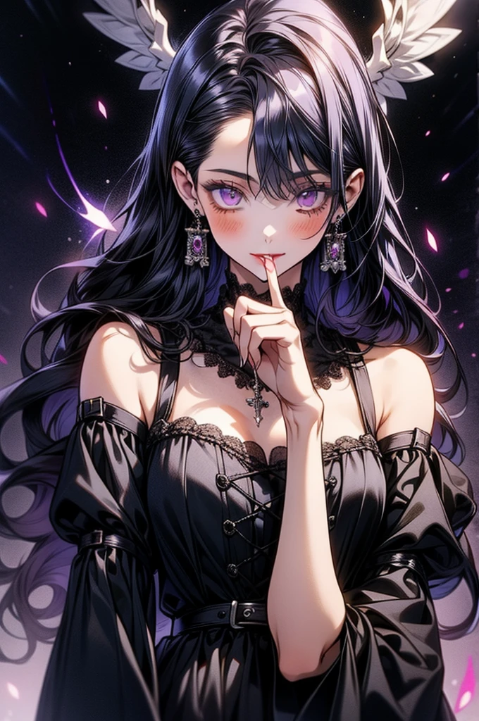1girl, fortune teller, sitting at a table, holding tarot cards, extra long black hair, pretty face, pale skin, green eyes, makeup, thick eyeliner, skimpy gothic attire, medium sized breasts, black background, spotlight, tattoos, small black and purple bat wings, bat ears
