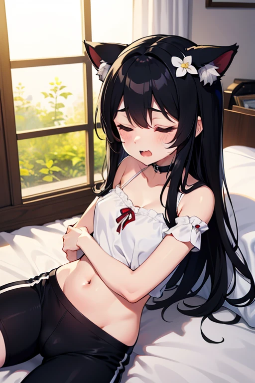 (best quality,high resolution,Beautiful detailed eyes,White lighting:1.2),red eyes, looking at viewer, long hair, black hair, blush, laying on bed,,small shirt,small scurt,exposed stomach, medium breasts