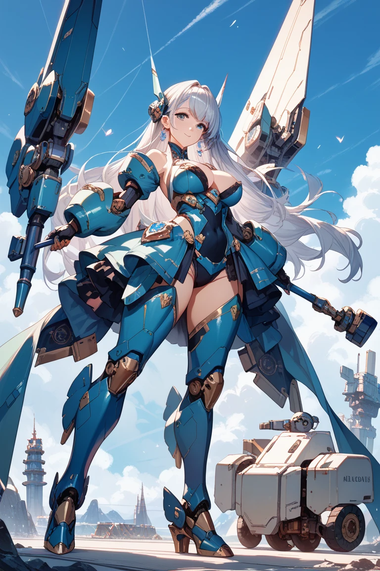 best_quality, masterpiece, (full_body:1.2), (large_breasts:1.2), very_long_hair, long_legs, black_thighhighs, perfect_anatomy, light blue_hair, microskirt, high heels, (missile cruiser:1.6), standing