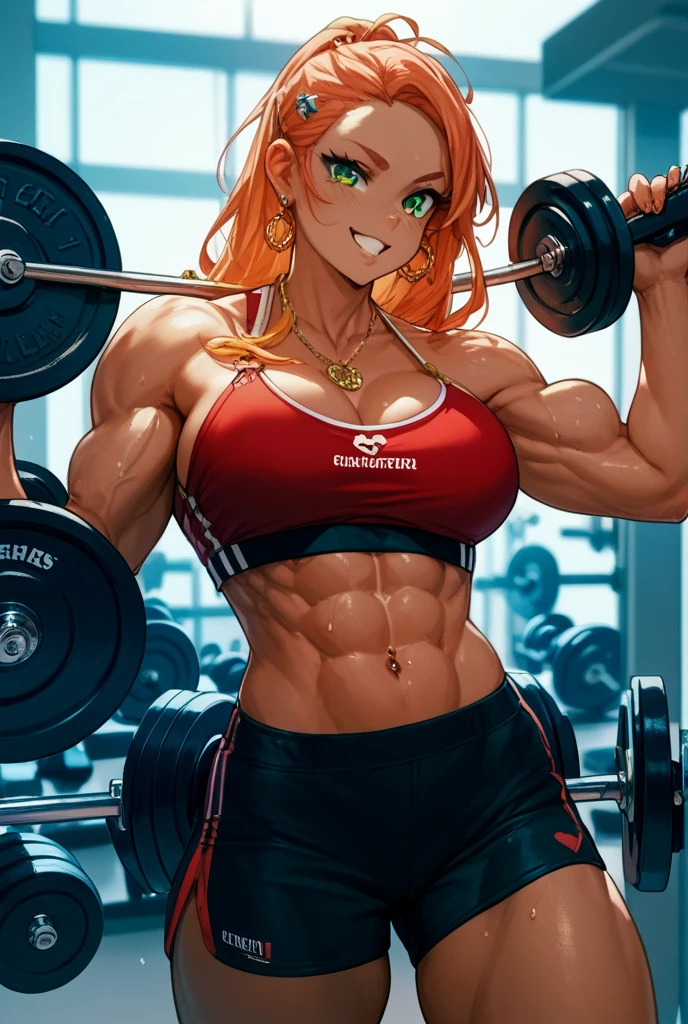 (masterpiece, best quality:1.2), Alix Kubdel ,happy (smile),solo tomboy. Tough, stubborn, reckless, and self-confident, red hair ,wear (black,top, shirt and short's),muscular,female,bodybuilder,strong,toned physique,ripped muscles,lean body,fitness enthusiast,empowered,confident,posing on the stage,determined expression,fierce competition,bulging biceps,sweat dripping,veins popping,athletic physique,intense workout sessions,strong legs,bulky shoulders,disciplined lifestyle,dedicated training regimen,fitness inspiration,endurance,unstoppable force,barbell,weights,exercise equipment,stamina,perseverance,sculpted arms,powerful presence,fitness model,athleticism,competition preparation,high-intensity training,competition stage,striking physique,mental fortitude,motivation,hard work,persistence,inspiring,admired by others.