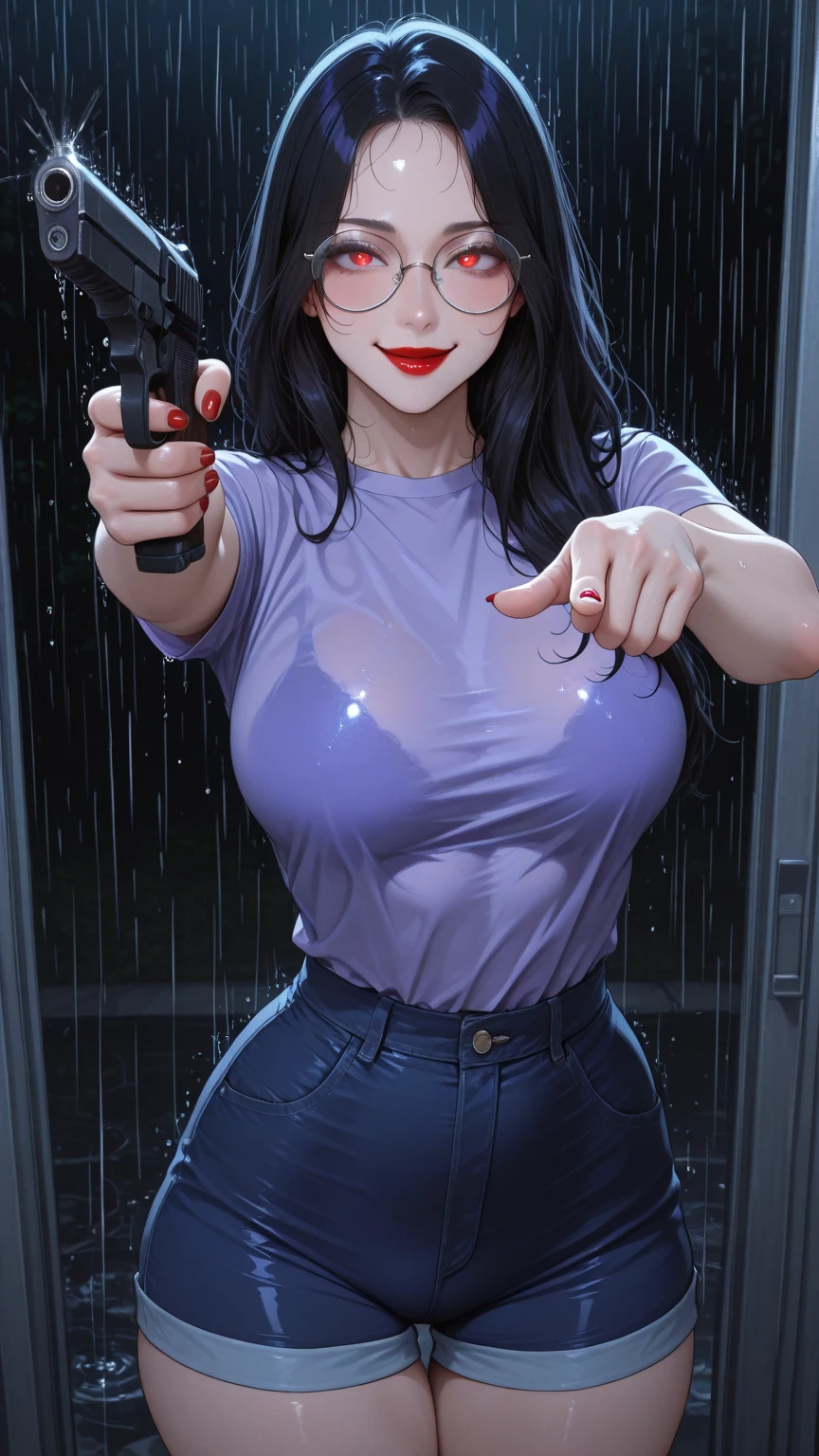 this is an animated drawing of a female with her arms raised while someone takes a photo, armpits, 1girl, huge breasts, mouth mask, phone, presenting armpit, black hair, mask, necktie, cleavage, jewelry, smartphone, skirt, shirt, sweat, black nails, sleeveless, short hair, nail polish, white background, blush, ((armpit crease)), armpit sweat, ((sweaty armpits))