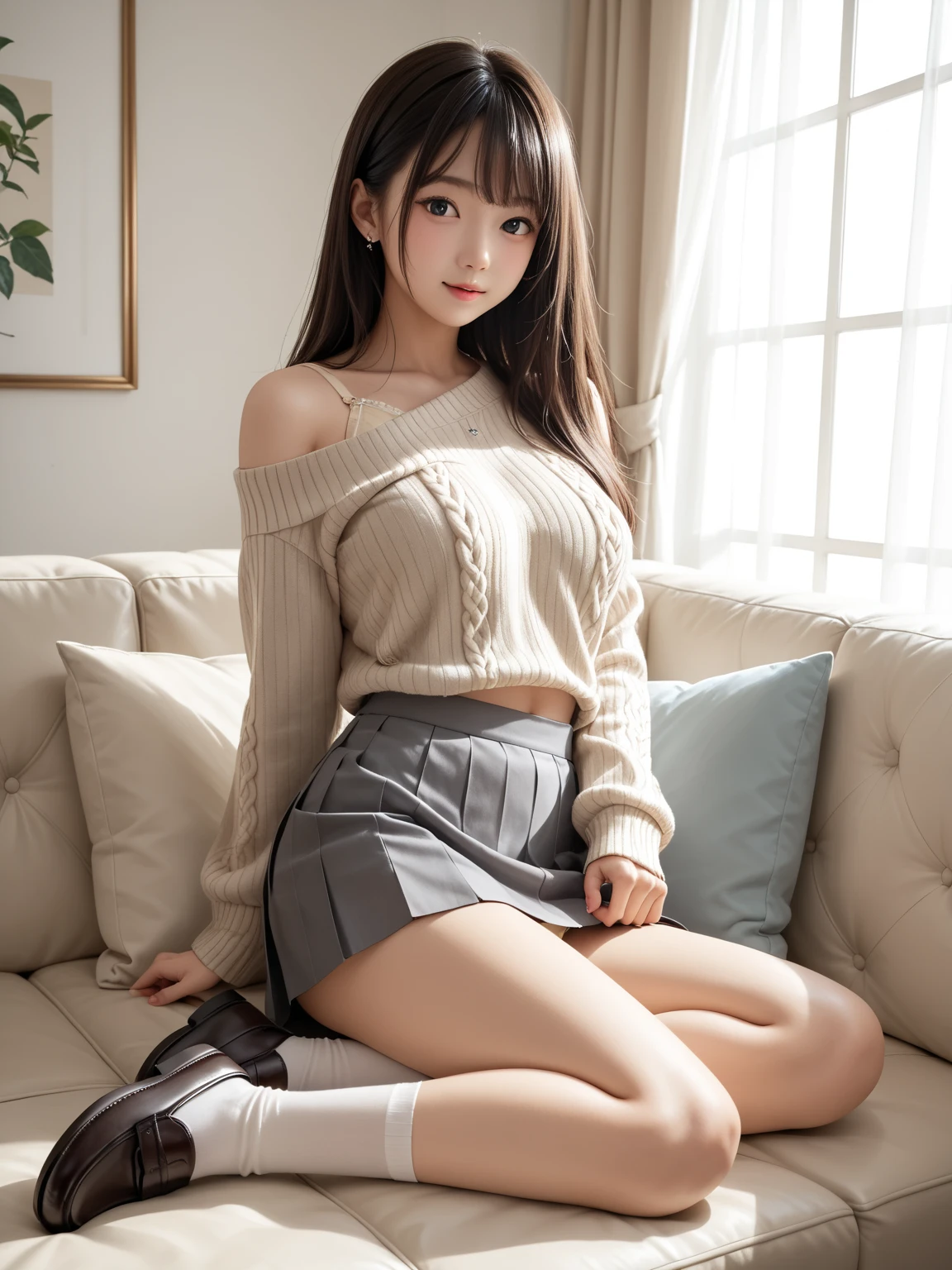 Product quality, 1 girl, Shot from the knee up, Front view, 15 year old cute girl in Japan, shiny smooth long hair, Glamorous figure, Wearing knit off-shoulder, Standing indoors with a big smile, hyper cute face, Glossy lips, double eyelids for both eyes, Natural makeup, , asymmetrical bangs, Tanned skin, central image, High resolution, high detailing, detailed hairstyle, Detailed face, Cinematic lighting, Octane Rendering, Vibrant, Hyper realistic, Perfect limbs, Perfect Anatomy