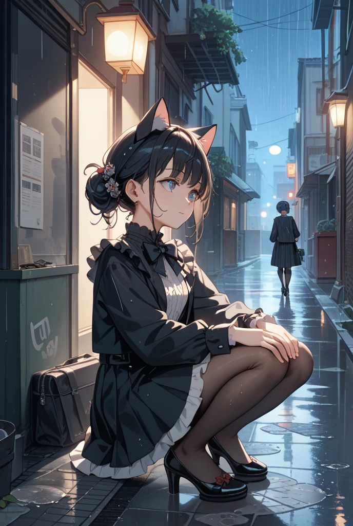 {{{Masterpiece, highest quality, high-resolution background}}}, bright and beautiful atmosphere, 1 girl (, round face, baby face), small breasts, girl falling on the road, half-crying expression, leg exercise sitting , "deltamon_sdXL :0.73)>Deltamon