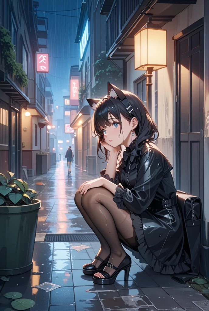 ((Highest quality)), ((masterpiece)), (detailed),1girl, 独奏, aroused, crying face, clothed, spread legs, NSFW, sweat, wet, night sky, blurry background