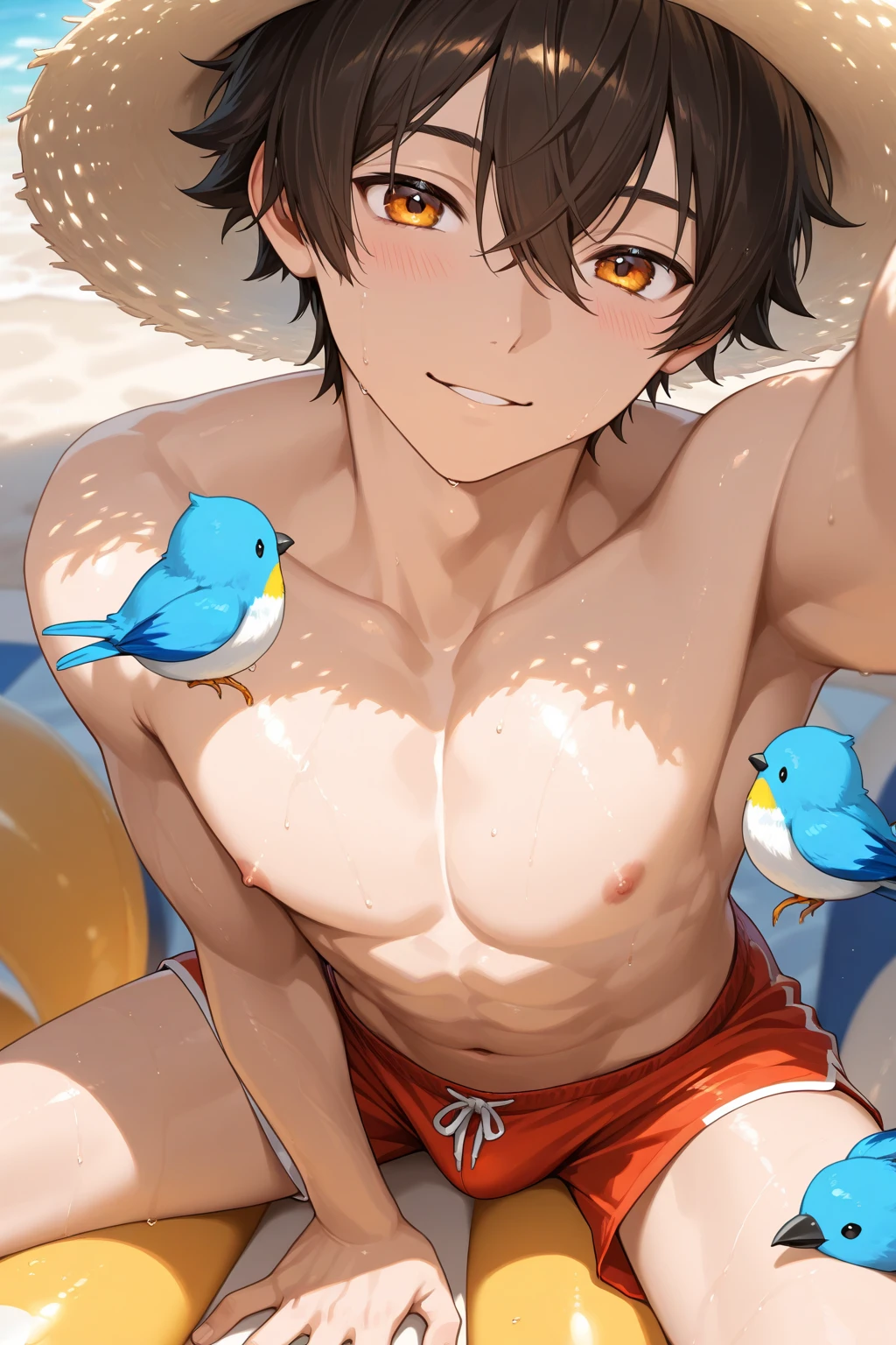 cupid , angle , white wings , boy with wings , young boy , topless , wearing skirt , sunbathing , flying , drinking tea , floating , sky island