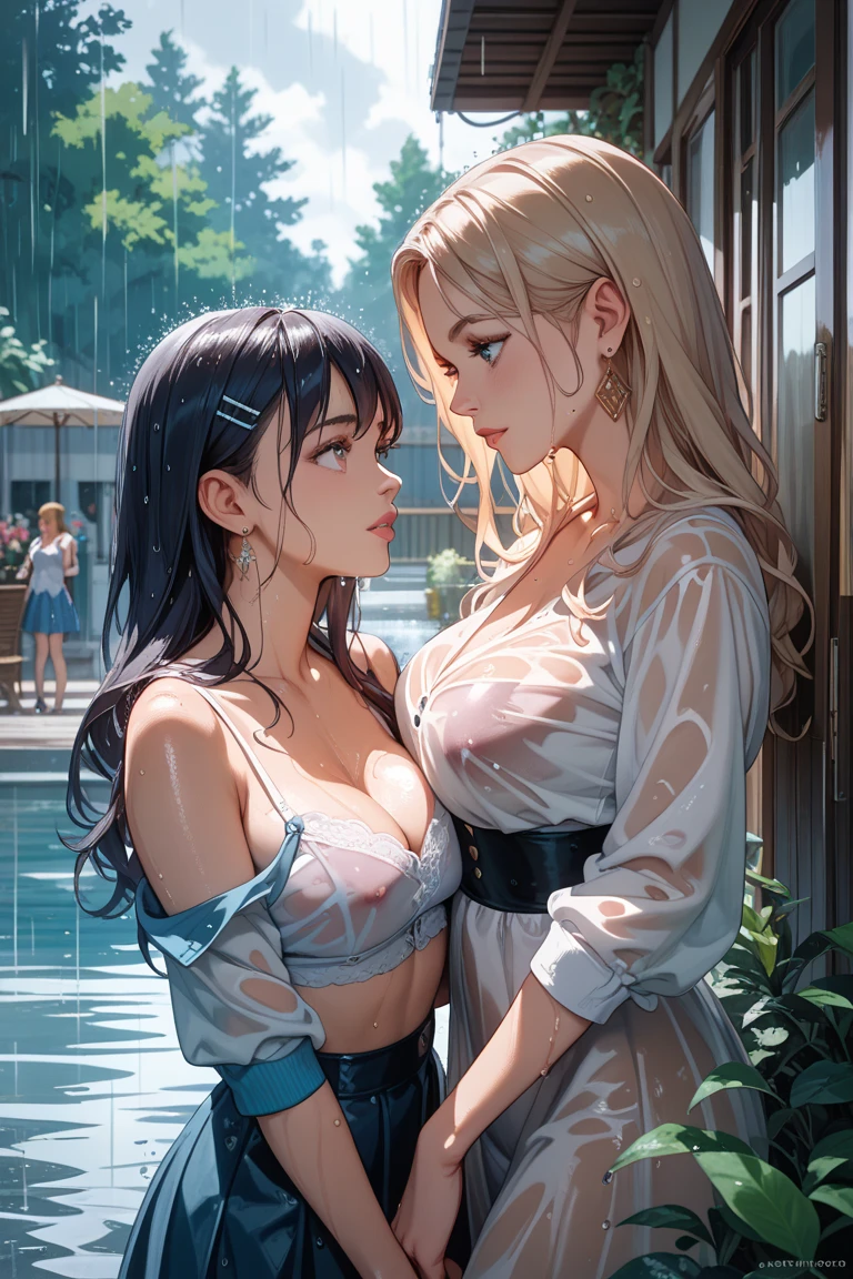 (2girls side by side:1.5), (small breasts:1.3), portrait, looking at viewer, solo, (full body:0.6), detailed background, close up, shining (<lora:smoke_model:0.4>, smokestyle theme:1.1), divine deity of the night, crescent moon, moonlight, pale skin, majestic divine atmosphere, bright light, holy aura, bloom, halo above head, divine light, white clothes, golden embroidery,filigree, blessing, relaxed composure, ray of light,, <lora:add_detail:0.5>,