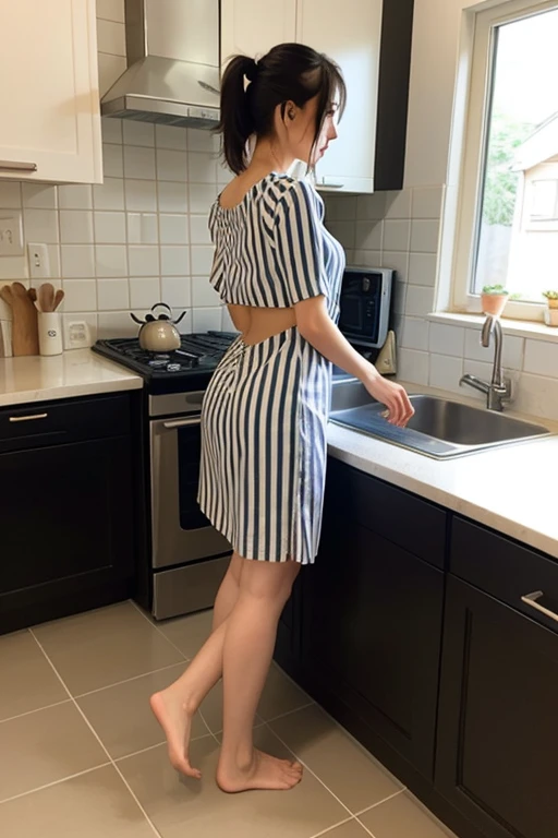 （ultra best quality、in 8K、masuter piece、delicate illustration、full body Esbian）,sexy and beautiful japanese housewife、Plump body、navy blue everyday wear（skirt pulled up）、ponytail dark hair（With ribbon）、Cooking in the kitchen、 massive naked ass, gyatt, nsfw