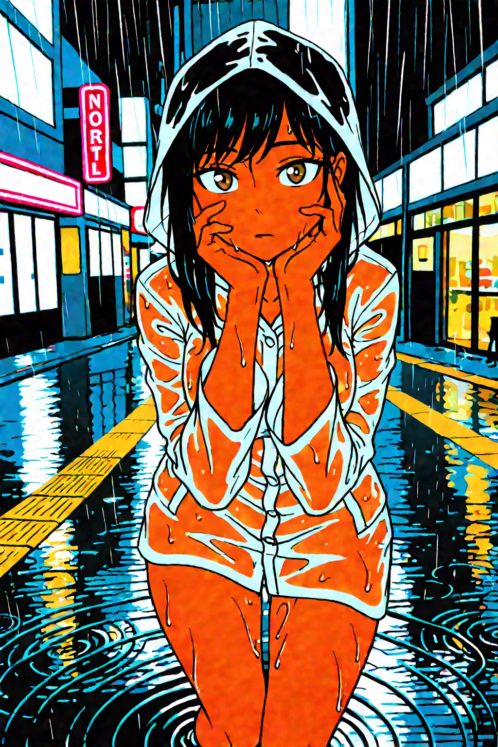 Rainy Night Encounter nocturnal cityscape blurred by heavy rainfall, neon signs reflecting on wet pavement, mysterious figure emerging from silver mist under broken streetlamp, semi-transparent raincoat clinging from downpour, fabric becoming translucent where water collects, dynamic pose mid-step through deep puddle causing ripples, ambient glow from all-night convenience store windows, rain droplets caught mid-fall in dramatic lighting, strands of wet hair clinging to face and neck, steam rising from warm skin meeting cold rain, one glove removed to catch falling droplets, intense eye contact through the storm, the moment when two strangers' paths cross under fateful circumstances, cinematic atmosphere with noir influences. rainy night, urban atmosphere, mysterious encounter, wet fabric effects, neon reflections, dynamic posing, water droplets, cinematic lighting, dramatic weather, chance meeting, noir aesthetic, steam effects, intense gaze, streetlamp glow, puddle ripples, weather-contoured clothing, atmospheric perspective, emotional tension, modern fairytale vibe Visual storytelling The raincoat's translucency revealing just hints of form beneath Play of colored neon lights across wet surfaces Contrast between warm skin tones and cool rain palette Suspended droplets creating natural framing elements The symbolic empty glove hanging from a pocket atmospheric and narrative scene sophisticated visual appeal through weather effects and lighting explicit lewdness. fateful encounter concept rich environmental storytelling possibilities.