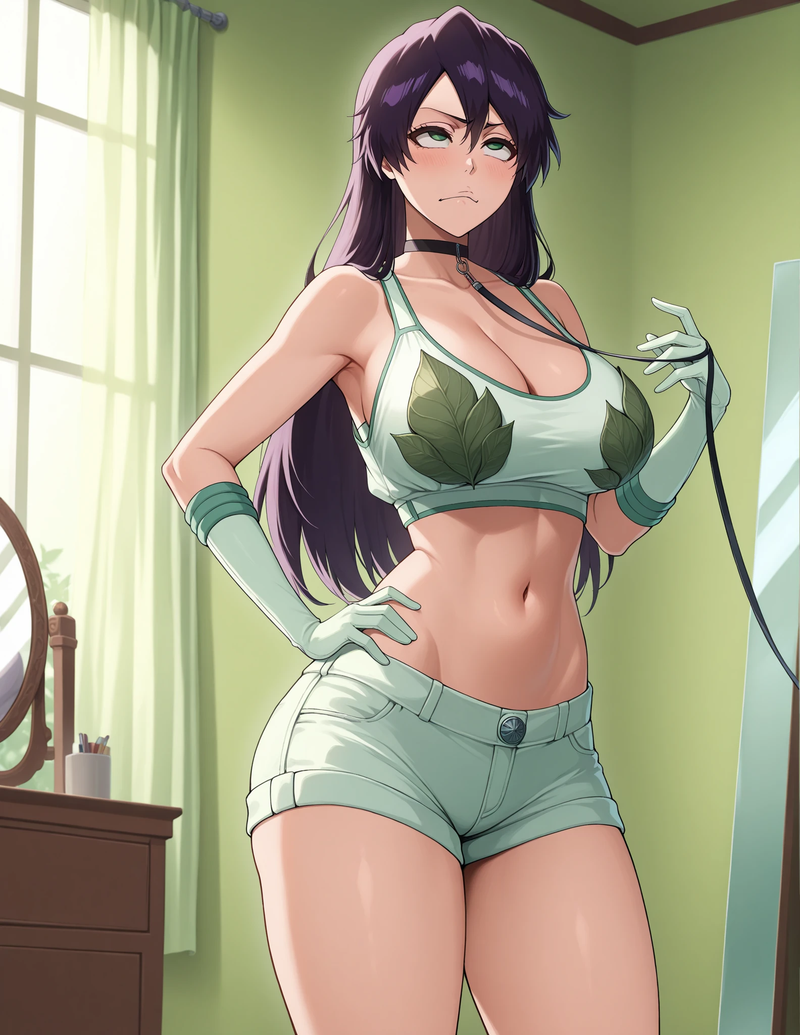 nico robin, Full body photo,One Piece, One Piece: A powerful world, 1girll, adjusting eyewear, bangs, Black hair, Breasts, Closed mouth, 鎖骨, Glasses, High ponytail, jewelry, Large breasts, Light blush, Long hair, Long sleeves, view the viewer, necklace, pony tails, shirt, side locks, Solo, Green and white stripes, Striped shirt, Upper body, V-neck, ((Masterpiece)),One girl,full bodyesbian, torn cloth, Open legs, hand behind head, Underarms, , Tears, Humiliated, 浴室,Long hair,Heart-shaped pupils, Torn clothes, upper legs,Pathetic,exhibitionism,Clothes open,breasts out