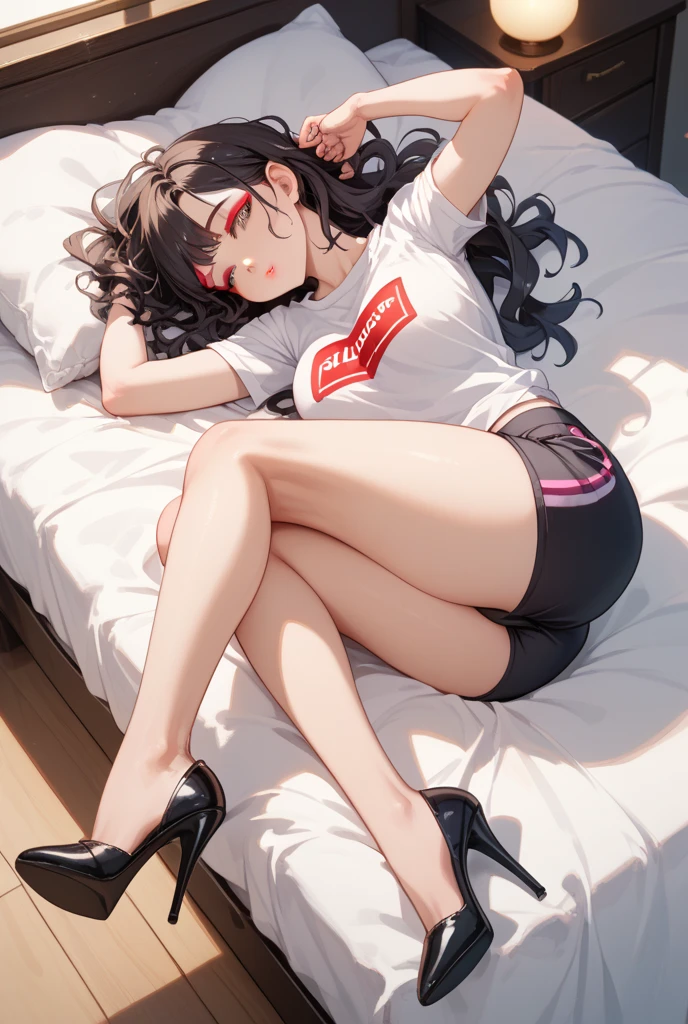 the girl with black hair，figure eight bangs，Large chest，Low ponytail，eye glass，face round，Meat toot，adolable，white short sleeve，Bare legged，Ruddy complexion，Bare legged，without wearing shoes，Lying in bed playing with your phone，Sunny smile