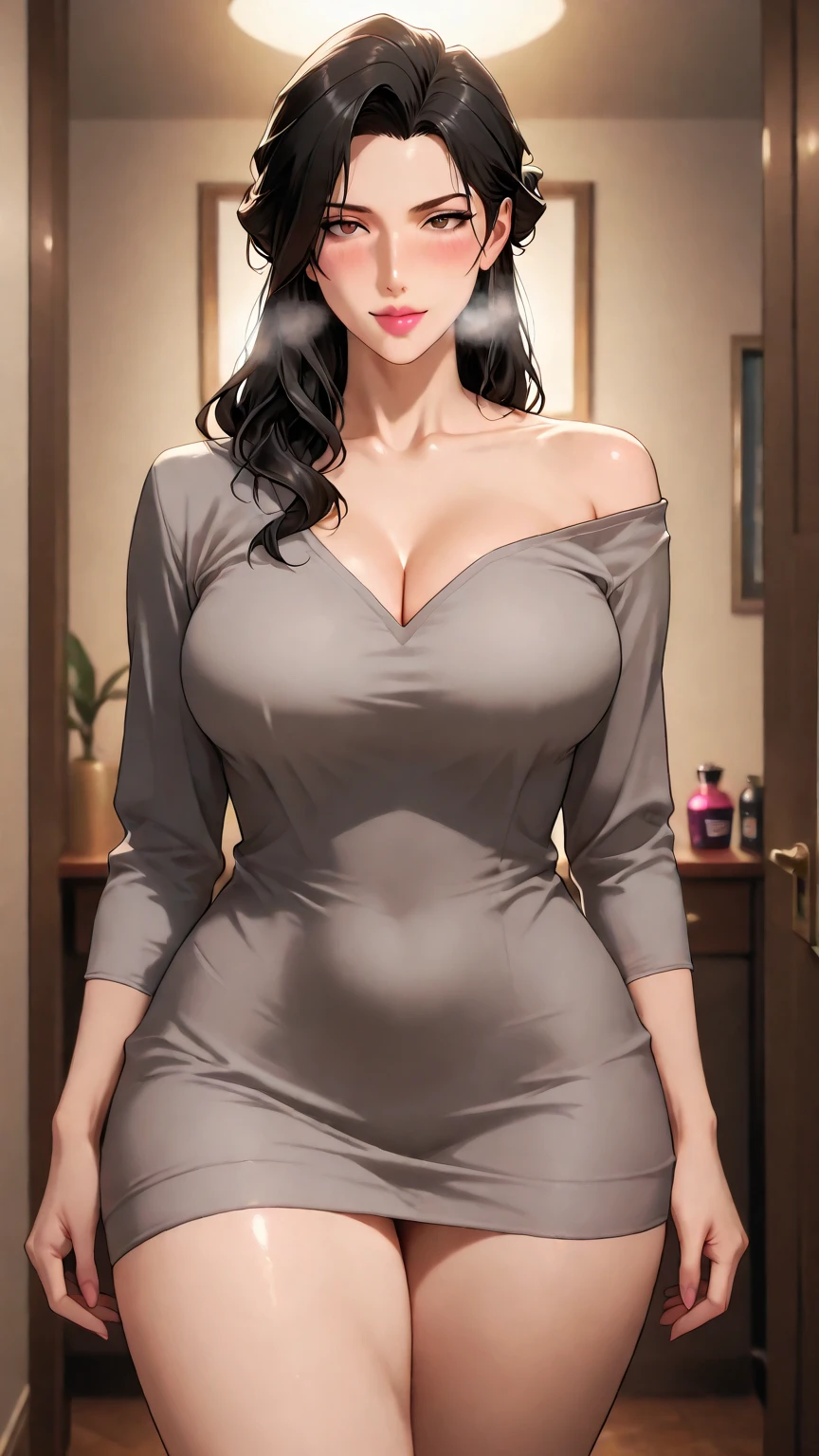 masterpiece, best quality, extremely detail 8k cg, high resolution, 1girl, kurenai yuhi, black hair, red eyes, huge breasts, black tee shirt dress, cleavage, on hips, seductive face, indoors, bedroom, beautiful face, cowboy shot