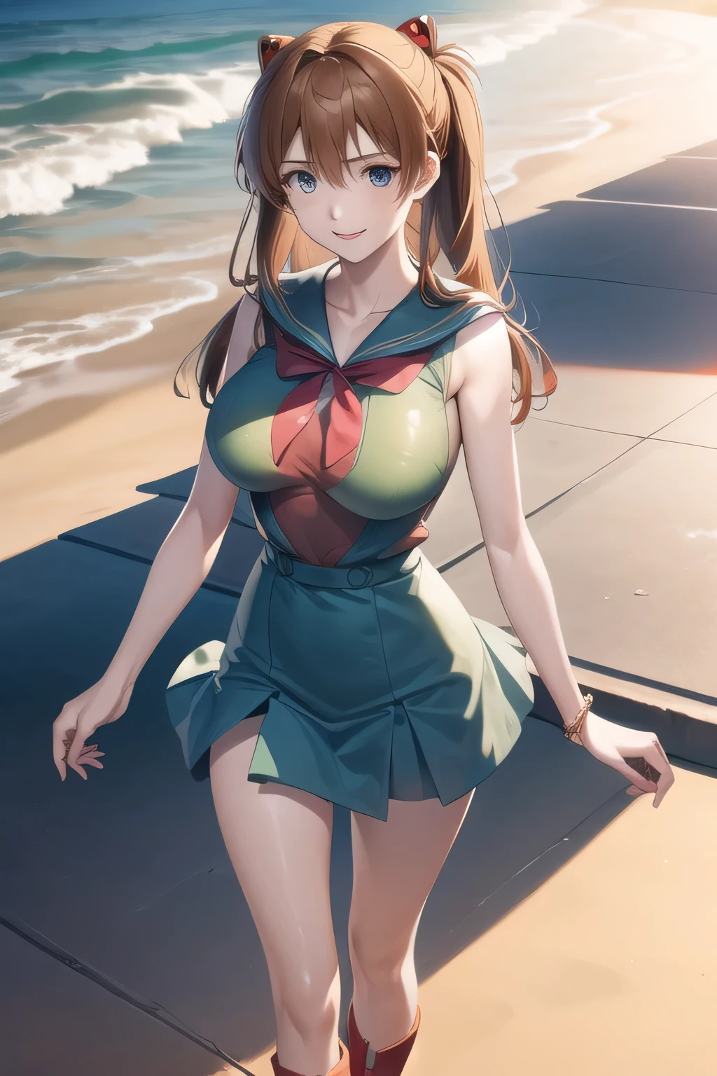 ((Highest quality、masterpiece、、Realistic、超High resolution、Very delicate and beautiful、High resolution、Cinema Lighting))、 Pool、((Scene jumping out of the water:1.6))。((Short Wavy Hair:1.6))、smile。(Brightly colored swimsuits with easy-to-move-in designs)。Her movements are very lively and fun.、(Water splashes everywhere。背景には青いPoolの水とPoolサイドのデッキチェアとパラソルが見えます.。The sky was clear and、The sunlight reflects off the water surface)。The overall atmosphere is one of summer fun.。((head buck))