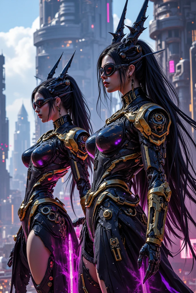 "((hyperrealistic, photorealistic, 8k, intricate details, ultra-real quality, Full-HD)), three cyberpunk dark elves, with large breasts, full lips, 80s retro flowing black hair, low-cut cyberpunk dresses decorated with neon, necklaces, tiaras, earrings, neon bat wings, posing with a technological forest of neon trees in the background, at dusk, beautiful cyberpunk fantasy queens, cyberpunk dark beauty, cyberpunk succubus from the future, hot cyberpunk dark maidens, beautiful hyperrealistic cyberpunk tyrants, photorealistic futuristic vampires."