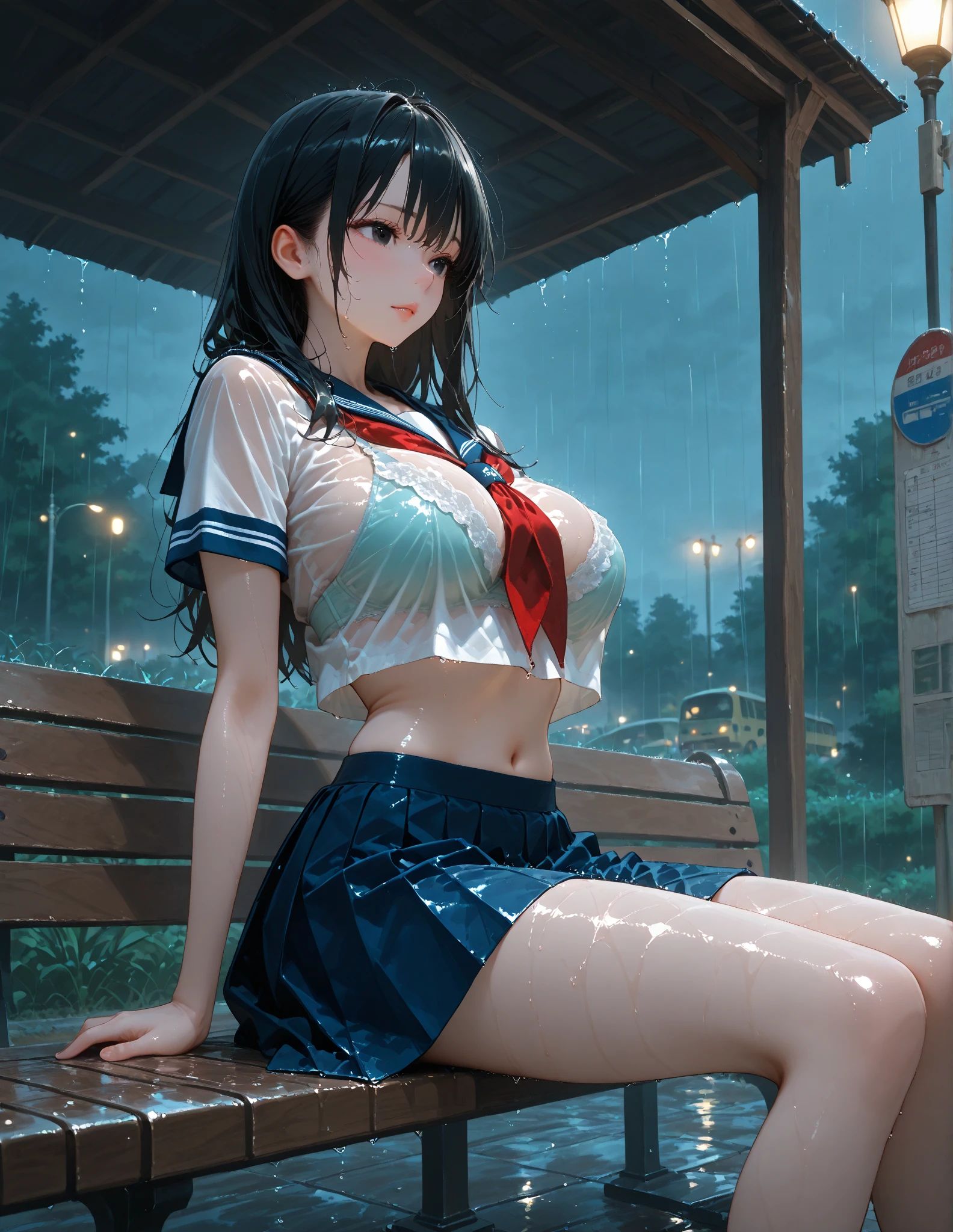 Natural Makeup, (((Accentuate larger breasts:1.3))), (Depth of written boundary), Realistic:1.37, Sleeveless, a woman that is sitting next to a suitcase and a umbrella on a blanket, ushio (kancolle), 1girl, solo, long hair, skirt, black hair, loafers, breasts, crab, black socks, plaid, wet clothes, shoes, shirt, wet, socks, Good, cardigan, bag, school bag, see-through, sitting, kneehighs