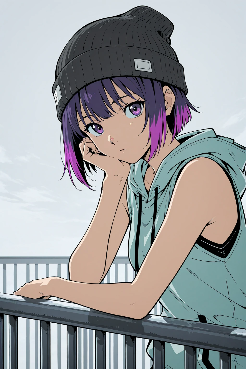 (masterpiece, best quality), highly detailed background, perfect lightingbest quality, hibaraeiko, solo, outdoors, nature, blue hair, headphones, hair between eyes, short hair, purple eyes, necklace, jewelry, medium breasts, black jacket, open jacket, sleeveless, cleavage, black gloves, belt, black pants, smile, closed mouth, :), pink lips, <lora:Hibara-Eiko:0.7>