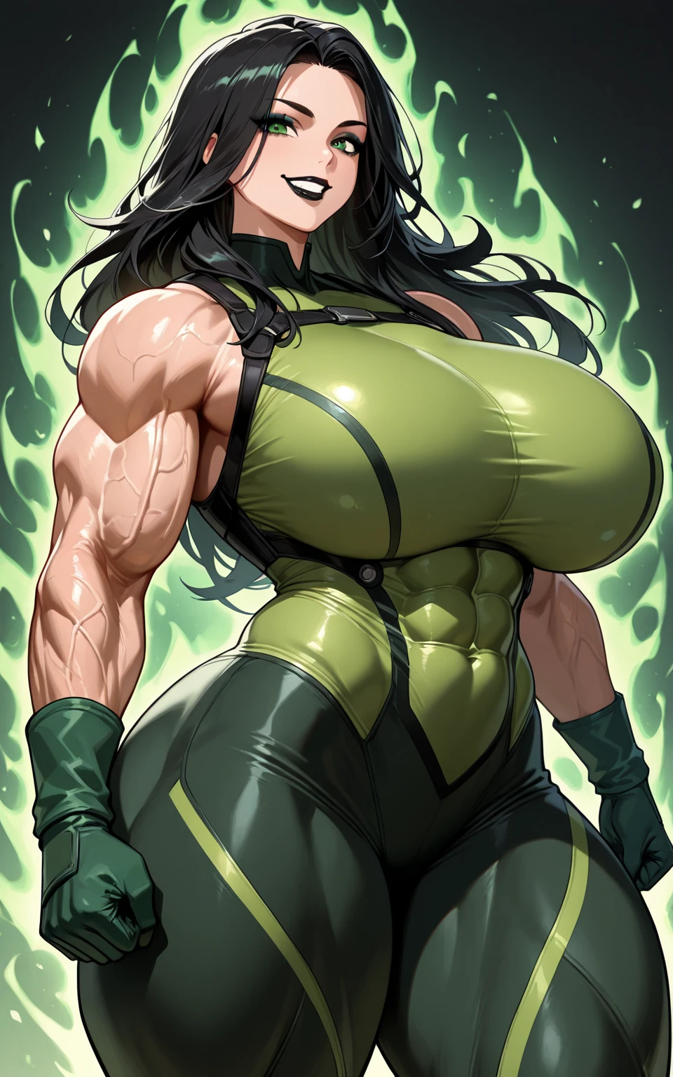 (master piece), high resolution, yusuke murata style,one punch man, fubuki from one punch man, wearing a black green dress, joyful expression, dynamic pose, big breast, big hips, full body view, big body, thick, (Curvy:1.35), ((Master piece)), best quality, perfect bodies,beautiful detailed eyes, extremely detailed face, perfect lighting.