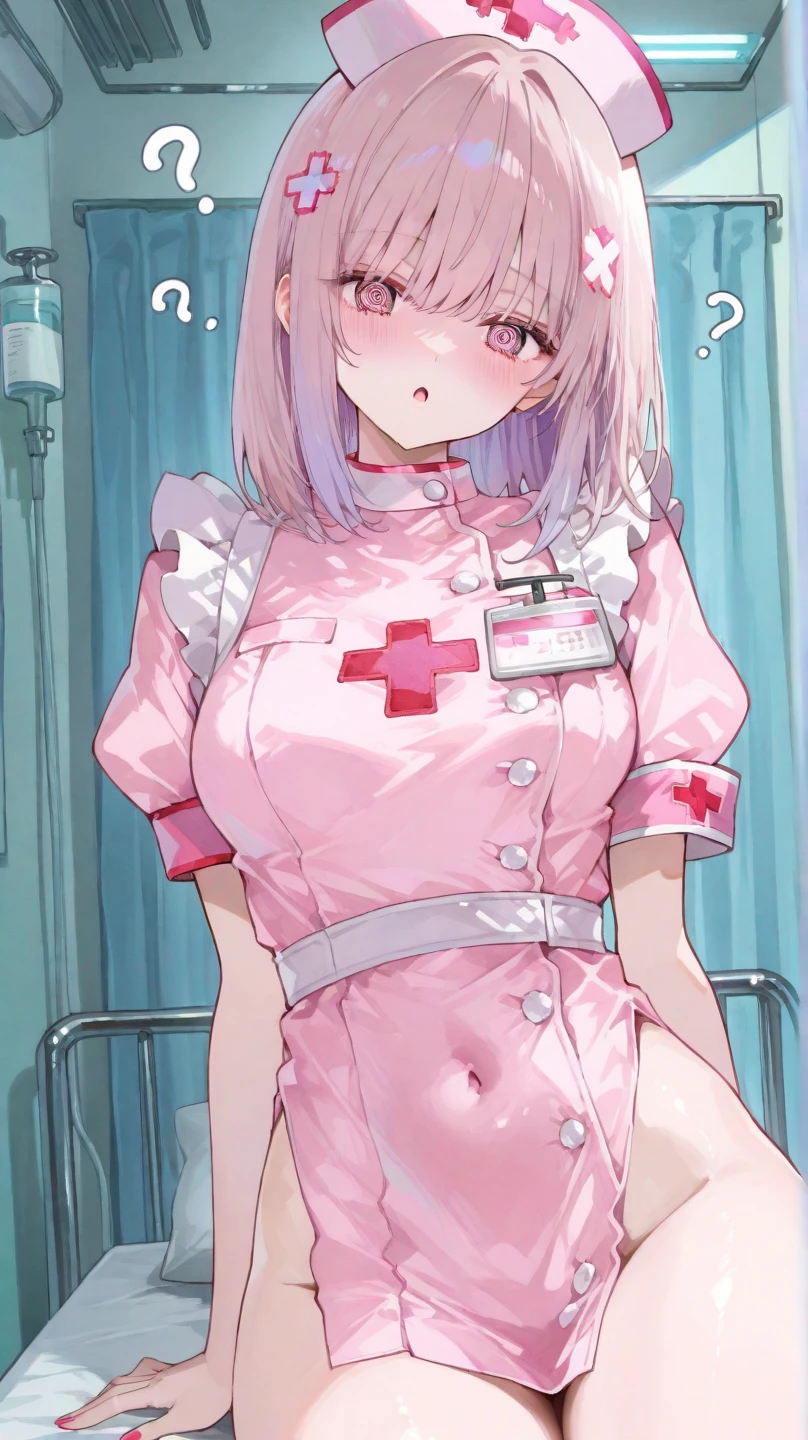 1girl, solo, nurse, nurse cap, white wear, ((white legwear, zettai ryouiki)), white gloves, pink hair, drooping eyes, ((covered nose)), standing, ((hospital room)), sharp outline, short sleeves, best quality, masterpiece,Fleshy,Brown eyes,Fleshy,Black hair,happy,lol,Heart,belt,Black clothes,Exposing underwear,Black lingerie,