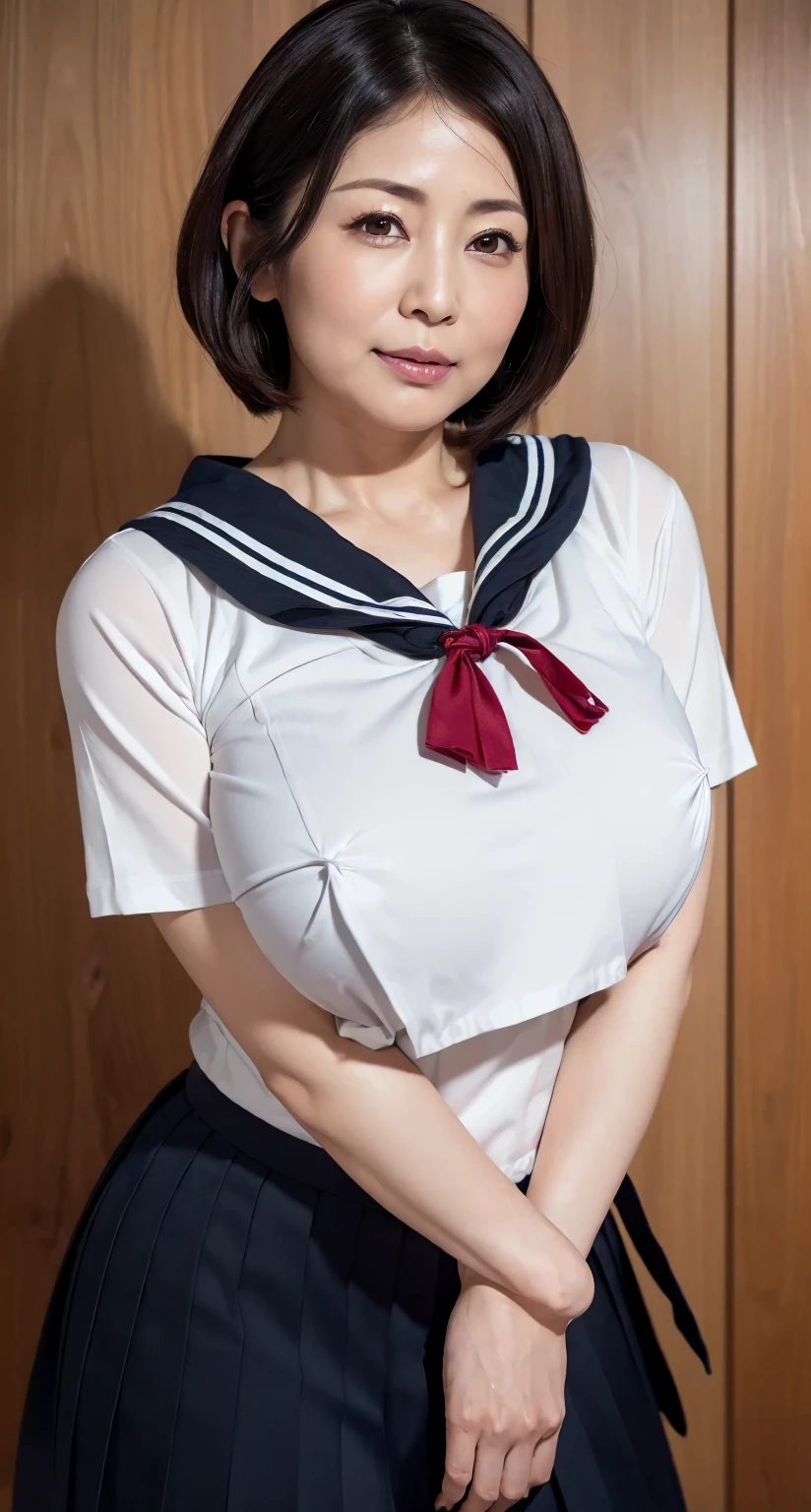 ((Realistic lighting、top-quality、8K、​masterpiece:1.3、nudde))、Focus:1.2、1girl in、flawless beauty:1.4、Slim abs:1.1、((Short dark brown hair、Colossal tits:1.3))、(Navel dashi、a sailor suit)、Thin Eyes、二重まぶた、toward to the camera、Open your legs、(full body Esbian:1)、No panties、Sitting、‎Classroom