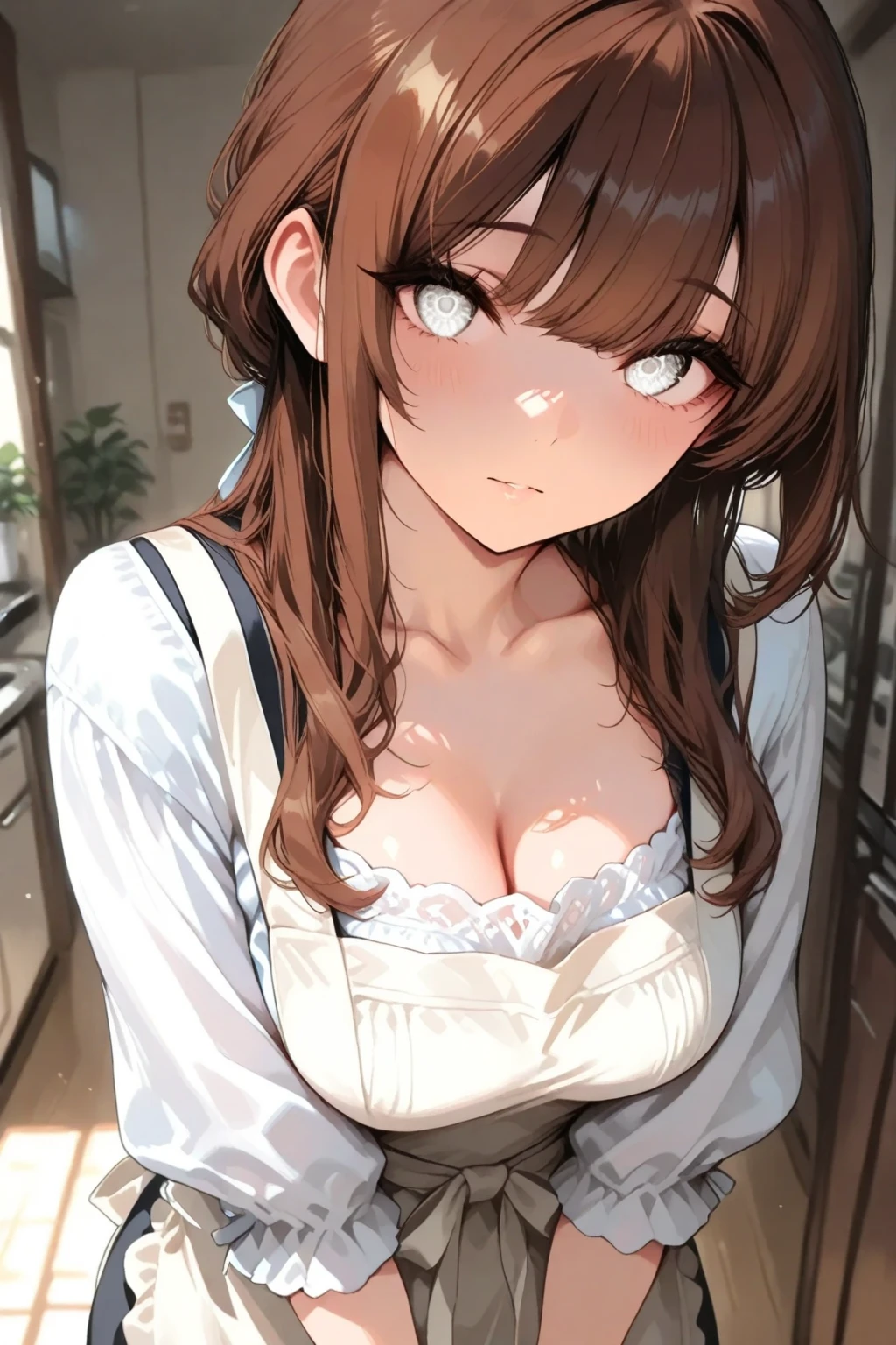 A girl,long hair, Bangs, Orange hair, Hair between the eyes, (Red eyes:1.5), (Large Breasts:1.2),
rest 锁骨, White shirt, Pleated Skirt, mini skirt, bracelet, White skirt,Cleavage,nipple,nude,
rest looking at viewer, whole body,
rest indoors, kitchen,
rest (masterpiece:1.2), best quality, high resolution, Unity 8k Wallpaper, (illustration:0.8), (Beautiful and delicate eyes:1.6), Extremely detailed face, Perfect lighting, Extremely detailed CG, (Perfect hands, Perfect anatomical structure),