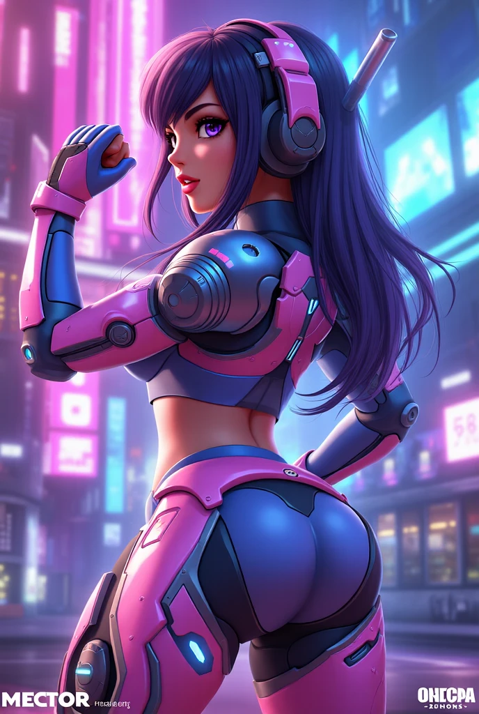 1 cyberpunk woman, low panties, floss, inside, snug ass, partial detail covered, perineum half exposed, rear seen from behind, similar Mia Khalifa, full head, beautiful hairstyle, smiling happily, detailed face, perfect body, perfect limbs, perfectly formed, correct anatomy, realistic details
