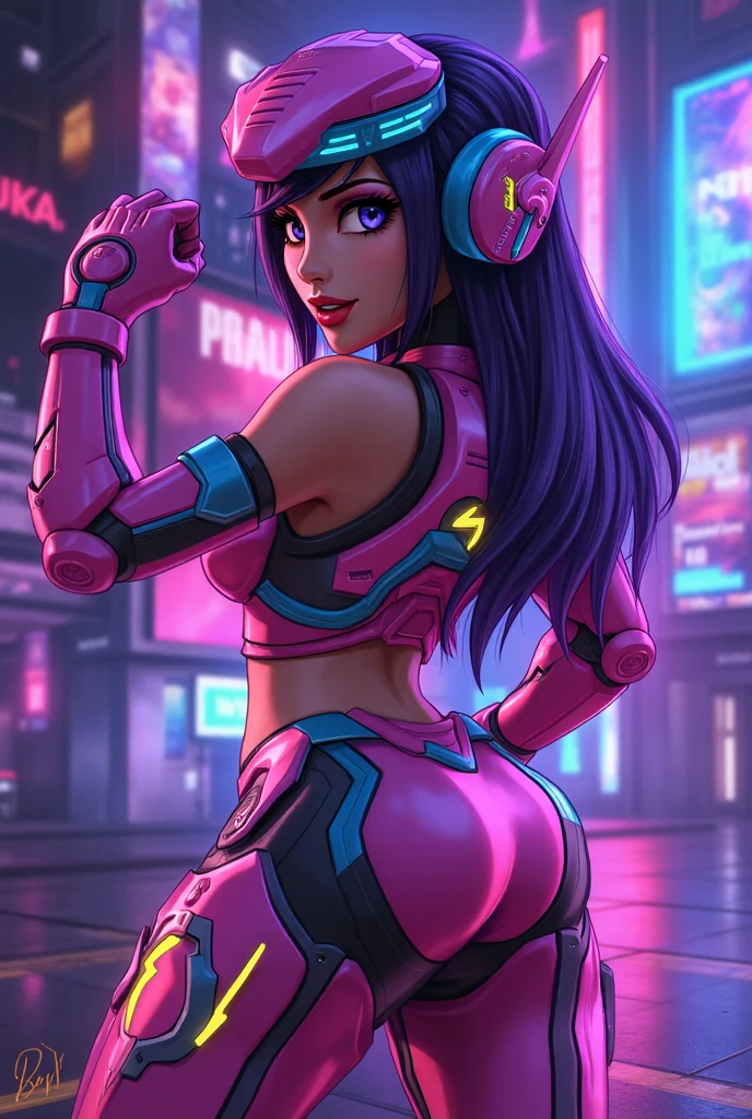 a woman with purple and blue hair, fair skin, blue eyes, wearing a purple and blue long-sleeved shirt, blue headphones, ankle socks, big ass, expression of joy, happiness, sensual pose.