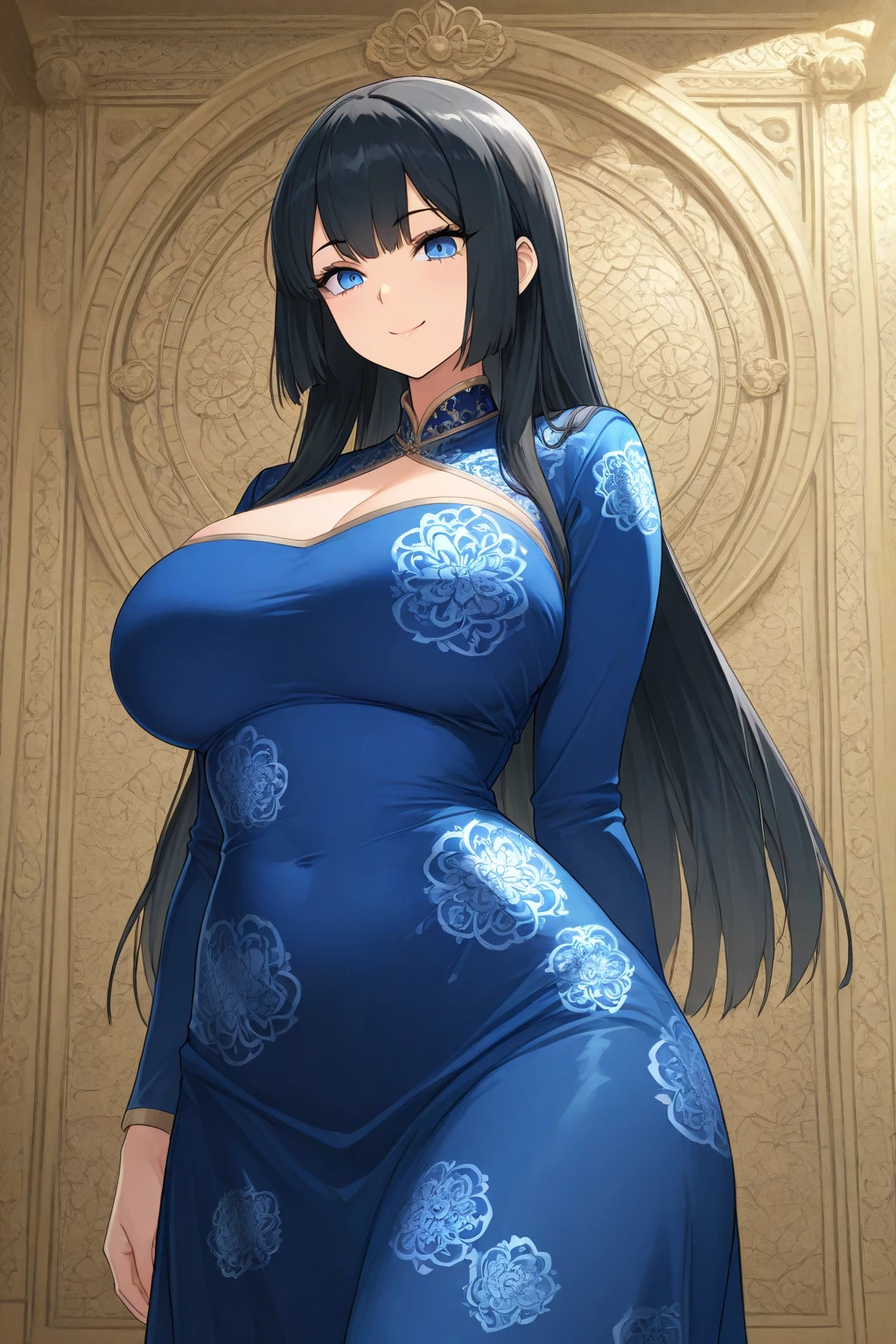 ultra realistic 8k cg, masterpiece, ((ultra detailed background, delicate pattern, intricate detail, highly detailed, fine details best quality, hyperdetailed face)), gigantic breasts ,cleavage, beautiful lighting, absurdres, BoaHancockV2, 1girl, solo, black hair, long hair, jewelry, closed mouth, ), (chinese dress,turtleneck, earrings, blue eyes, complex detailed background, inside, castle room environment, medieval castle), ((cowboy shot)), curvy