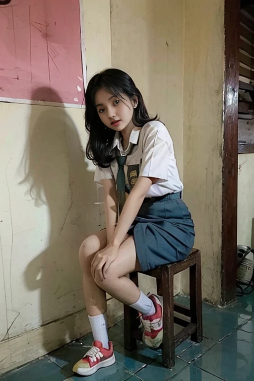 Indonesian face girl, wear skirt, standing , open crossing leg, seeing panties on skirt, visible white panties, photos taken from below.