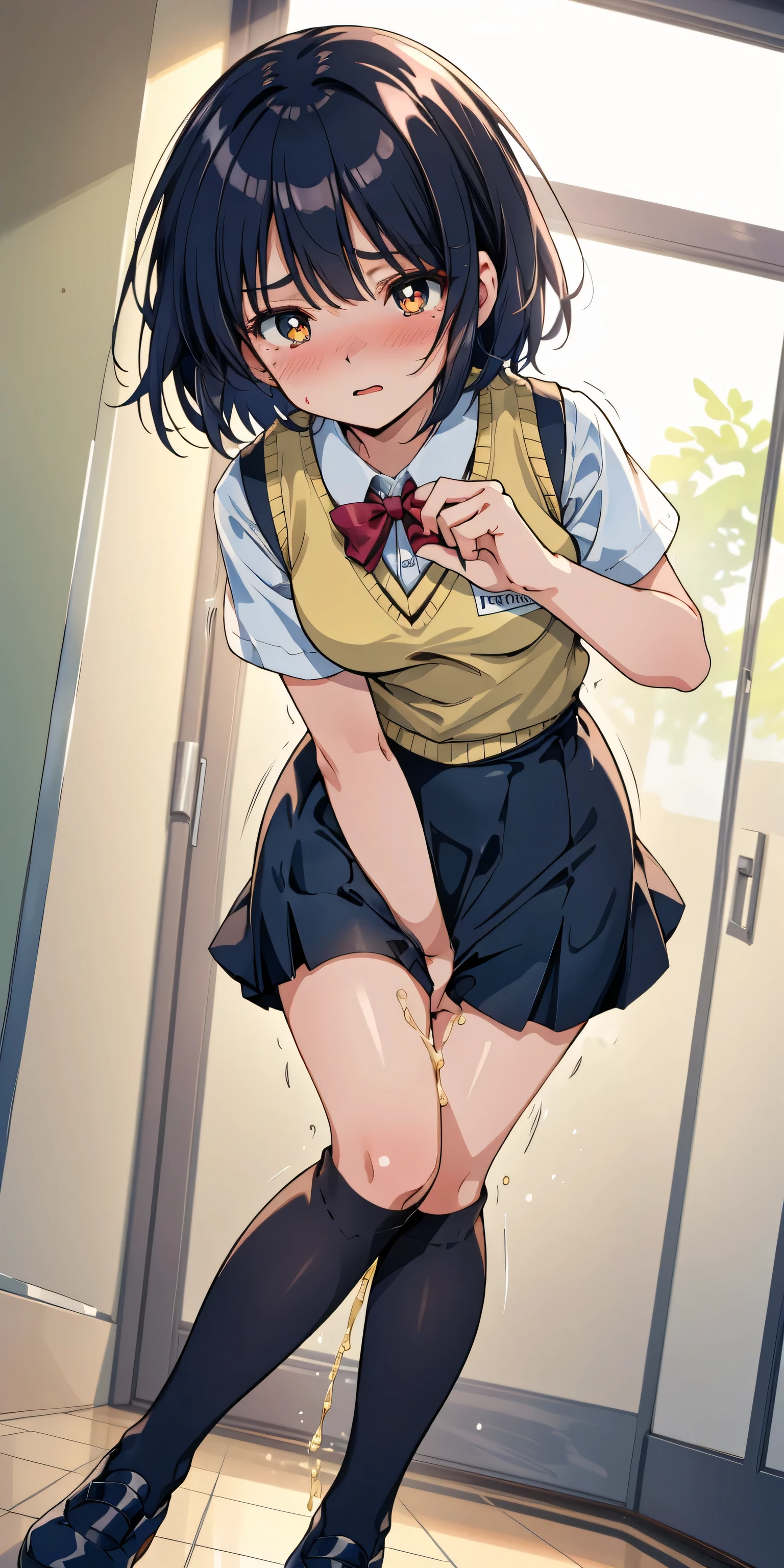 NSFW, (masterpiece, top quality, best quality, highly detailed:1.6), extremely detailed CG unity 8k wallpaper, (full body), wide shot, long shot, (Open your knees, Lift up the hem of the skirt with both hands, Show your panty:4), (crotch, pussy, urethra), (pastel colors striped pattern panties:3), (Peeing with panties on, Pee stains spreading on panties, pee running down legs:2), (standing:2.5), (clutching skirt:2), (((Lift up the skirt high, Peeing with panty on))), Pee excreted with force, Urine that is discharged from the urethra in a parabolic arc, strong facial expression, (sharp eye:1.2), (scowl:1.1), (embarrassed, blush:1.3), (steam:1.9), (wet:1.2), (sweat:1.1), (trembling:1.3), (open mouth, wavy mouth:1.4), (clenched teeth:1.7), (closed eyes:1.5), (feeling weak:1.5), (shoot from front, looking at viewer:1.2), (school uniform, pastel colors cardigan:2), (Public Toilet:1.5), woman, indoor, High socks, Loafers, (long hair, dark brown hair, ponytail:1.5), (glasses:1.8), (woman trembling with sexual climax:1.5), (Be incontinent:1.5), colorful, perfect composition, urination, incontinence, piss, peeing self, (((pee stream))), (pee puddle), wetting herself, pee stain, large breasts, Yellow pee, ((leaking pee)), puddle of pee, Pee at your feet, Pee spread on the floor, Pee stains, Dripping pee between my legs, Feet wet from pee, Pee-covered feet, Pee at your feet, want to pee, about to pee, Full bladder, Pee-soaked skirt, Pee-soaked Loafers and socks, natural makeup,