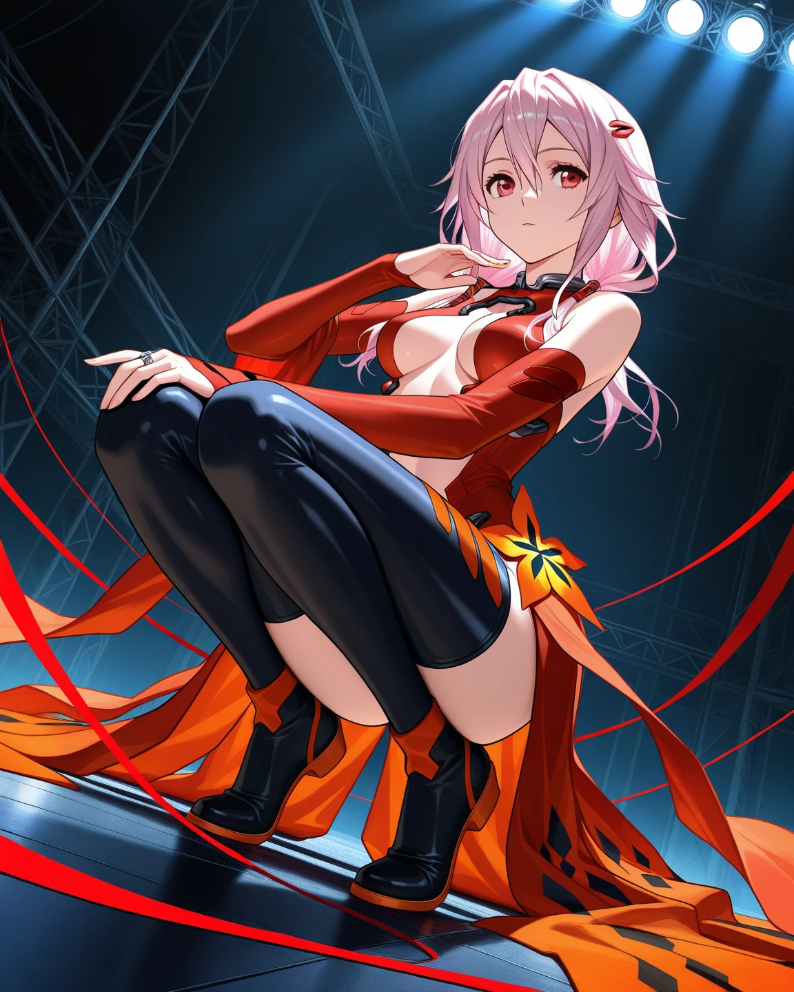 masterpiece,One girl,alone, pink_hair,Yuzuruha Inori, Cowboy Shot, (Pose in front, Squat,Place your hands behind your head.),Straight,