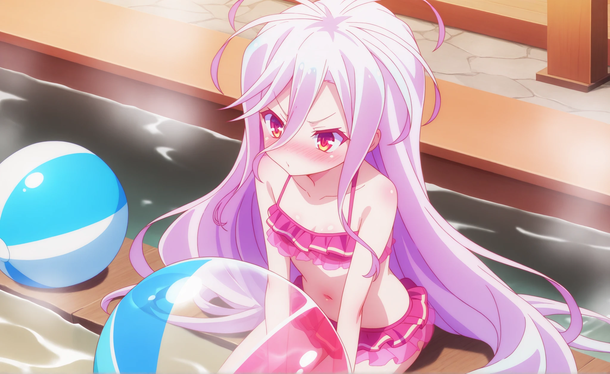 NSFW,One Girl、Long Hair、とてもLong Hair、Hair between the eyes、Red eyes、Bright pupils、Multicolored eyes、Multicolored Hair,(Sexy Swimwear:1.5),(Perfect hands),(Perfect Anatomy),(masterpiece),(highest quality),(Embarrassed:1.5),blush,Feeling embarrassed,Sitting,Leg spread,Sandy Beach,Palm tree,Rock Shade,One man,Man standing behind